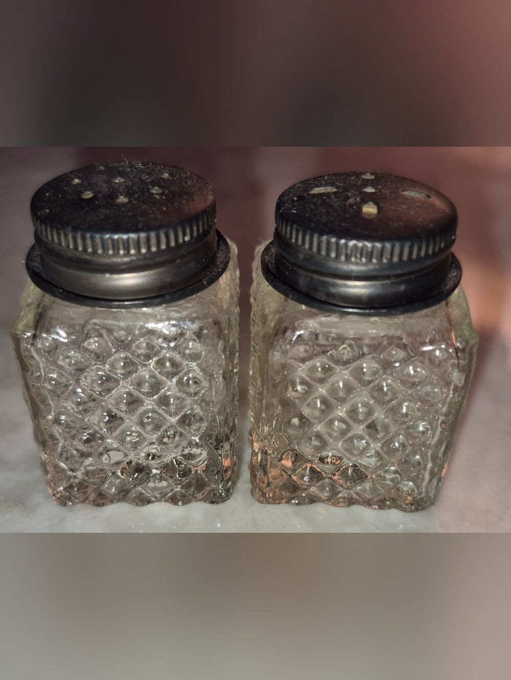 Pair of Vintage,square glass salt and pepper shakers w/ a diamond-cut pattern